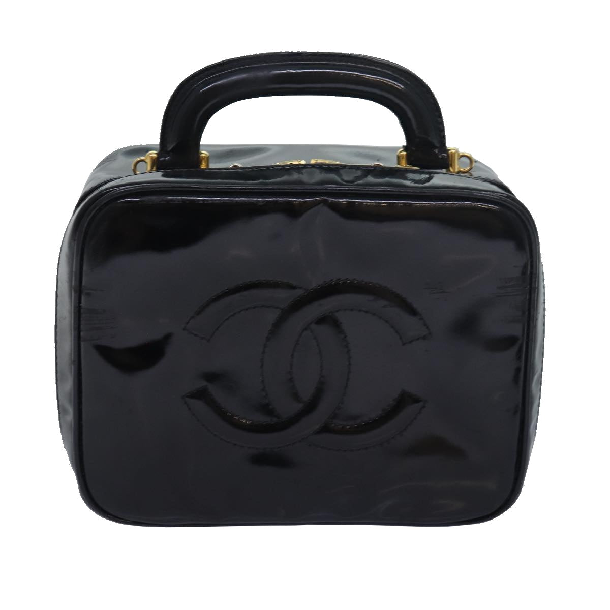 CHANEL Vanity Hand Bag Enamel 2way Black CC am6641
