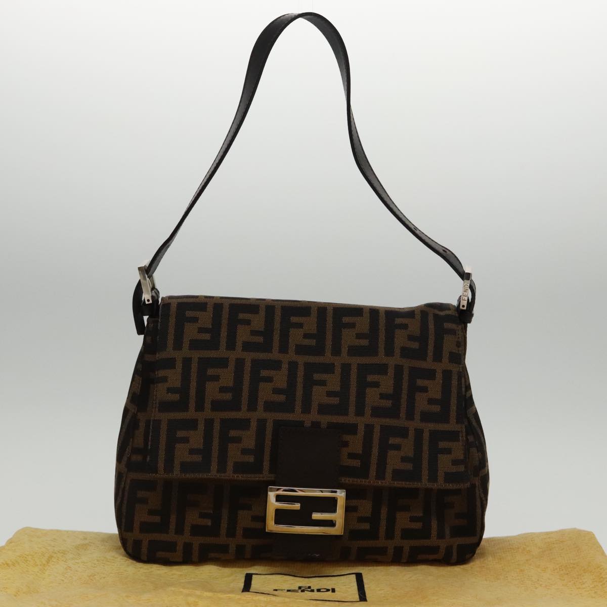 FENDI Zucca Canvas Mamma Baguette Shoulder Bag Black Brown Silver am7091A