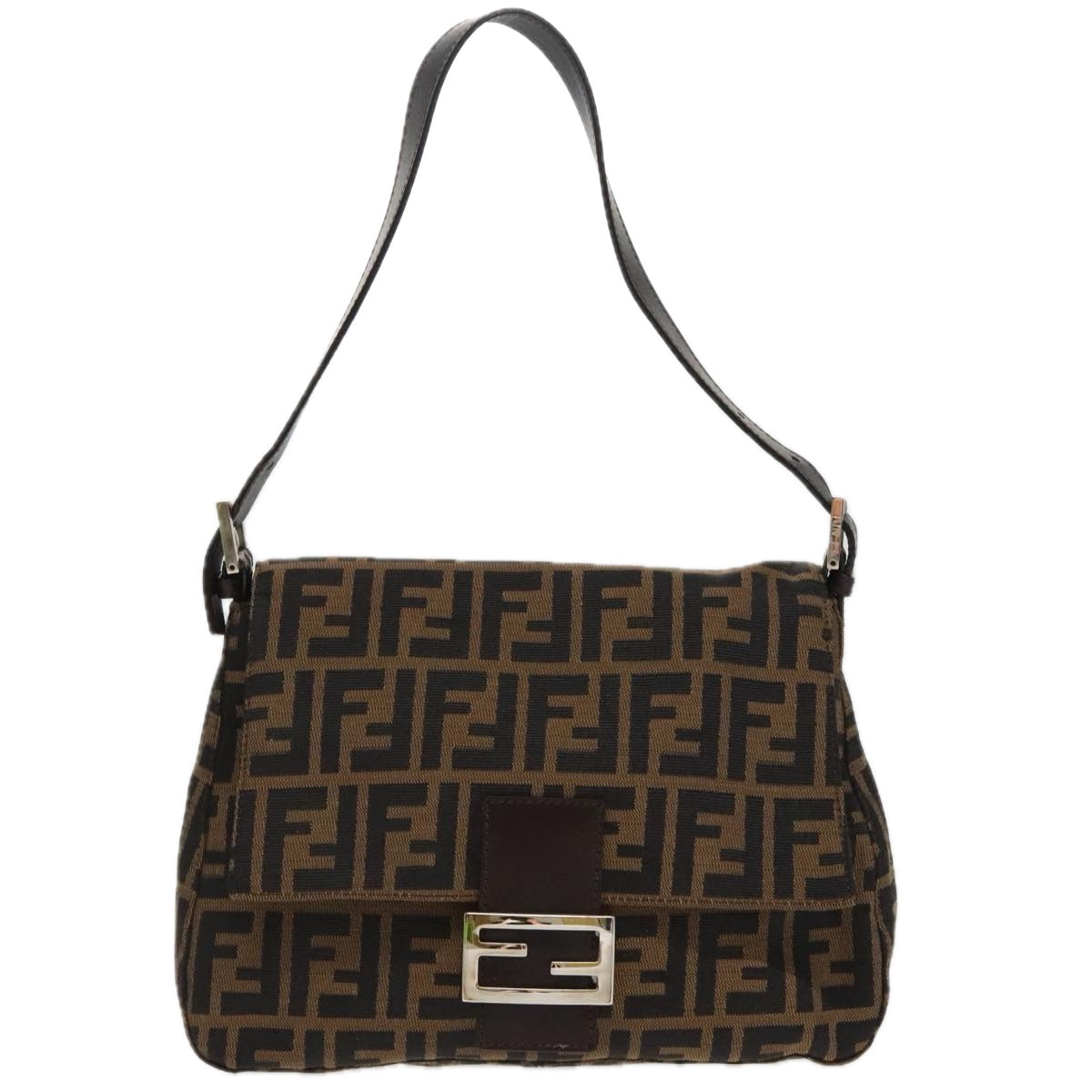FENDI Zucca Canvas Mamma Baguette Shoulder Bag Black Brown Silver am7091A