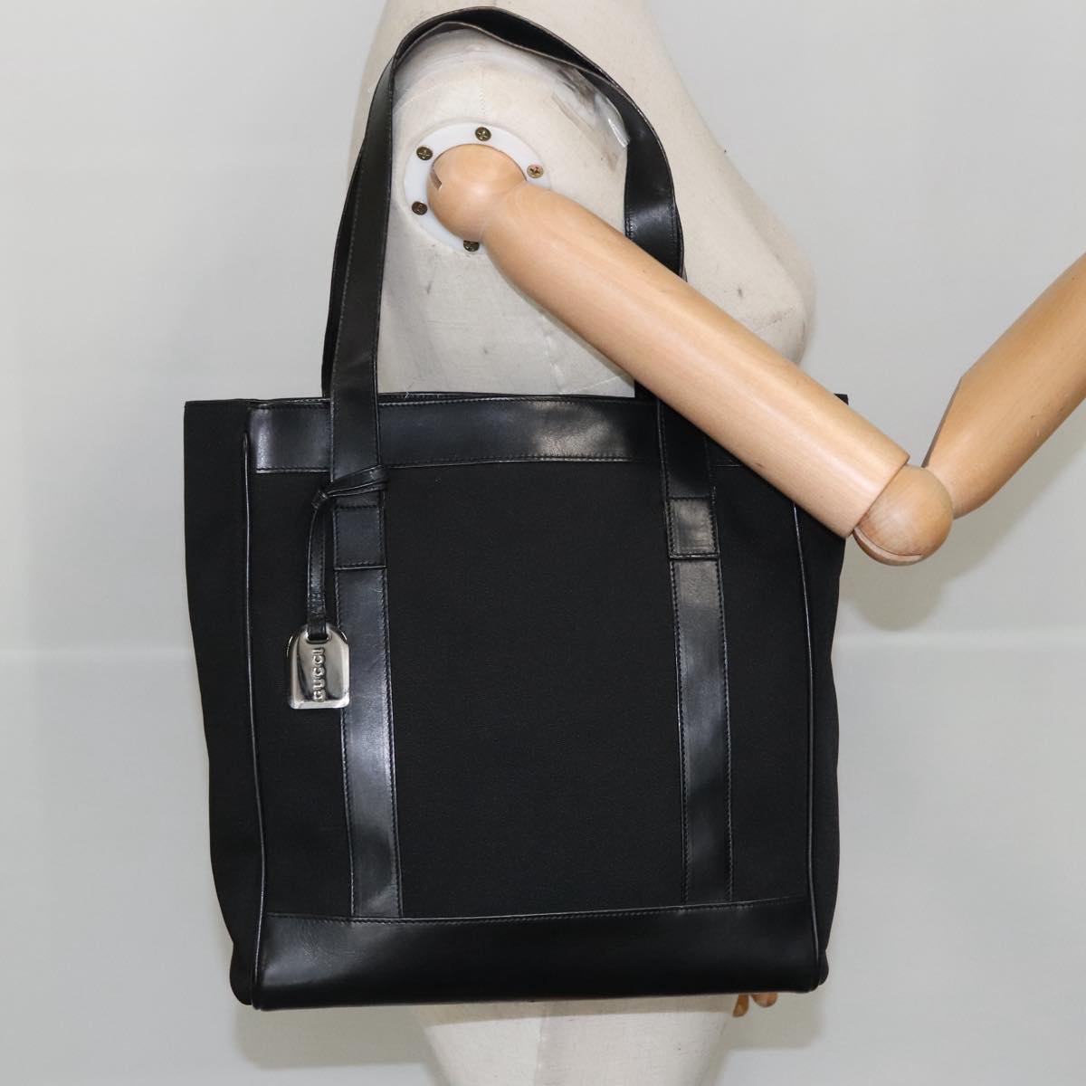 GUCCI Tote Bag Nylon Leather Black Silver 002 1705 0405 am7109