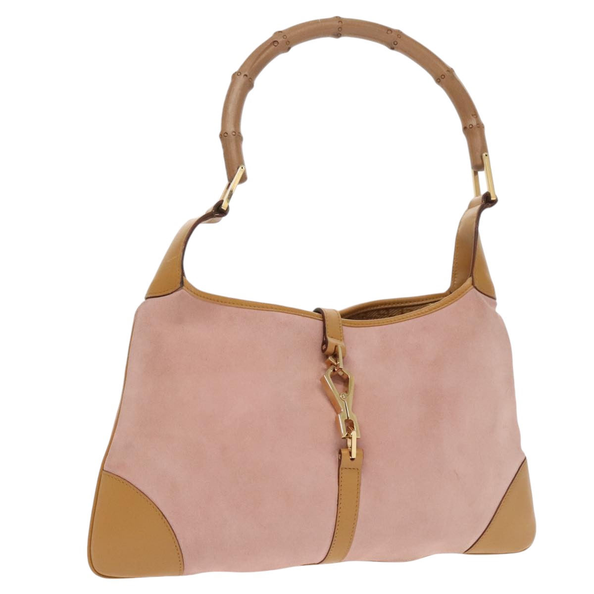 GUCCI Bamboo Hand Bag Suede Leather Gold Pink 001 4060 am7234