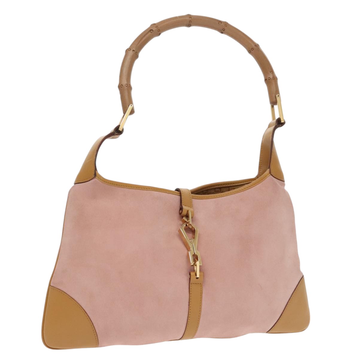GUCCI Bamboo Hand Bag Suede Leather Gold Pink 001 4060 am7234