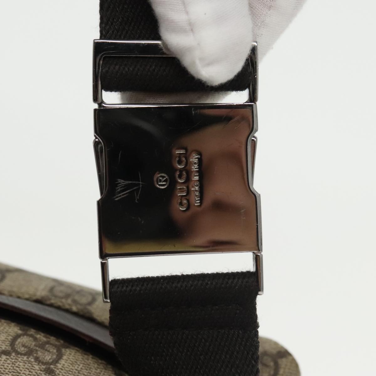 GUCCI GG Supreme Waist Bag PVC Leather Beige Dark Brown Silver 28566 am7267