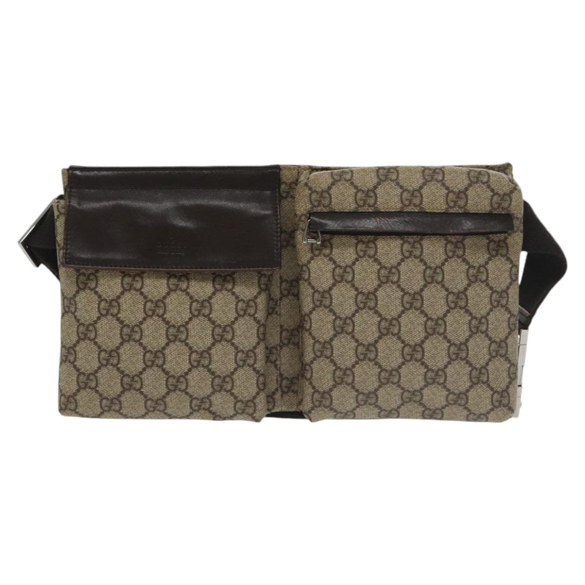 GUCCI GG Supreme Waist Bag PVC Leather Beige Dark Brown Silver 28566 am7267