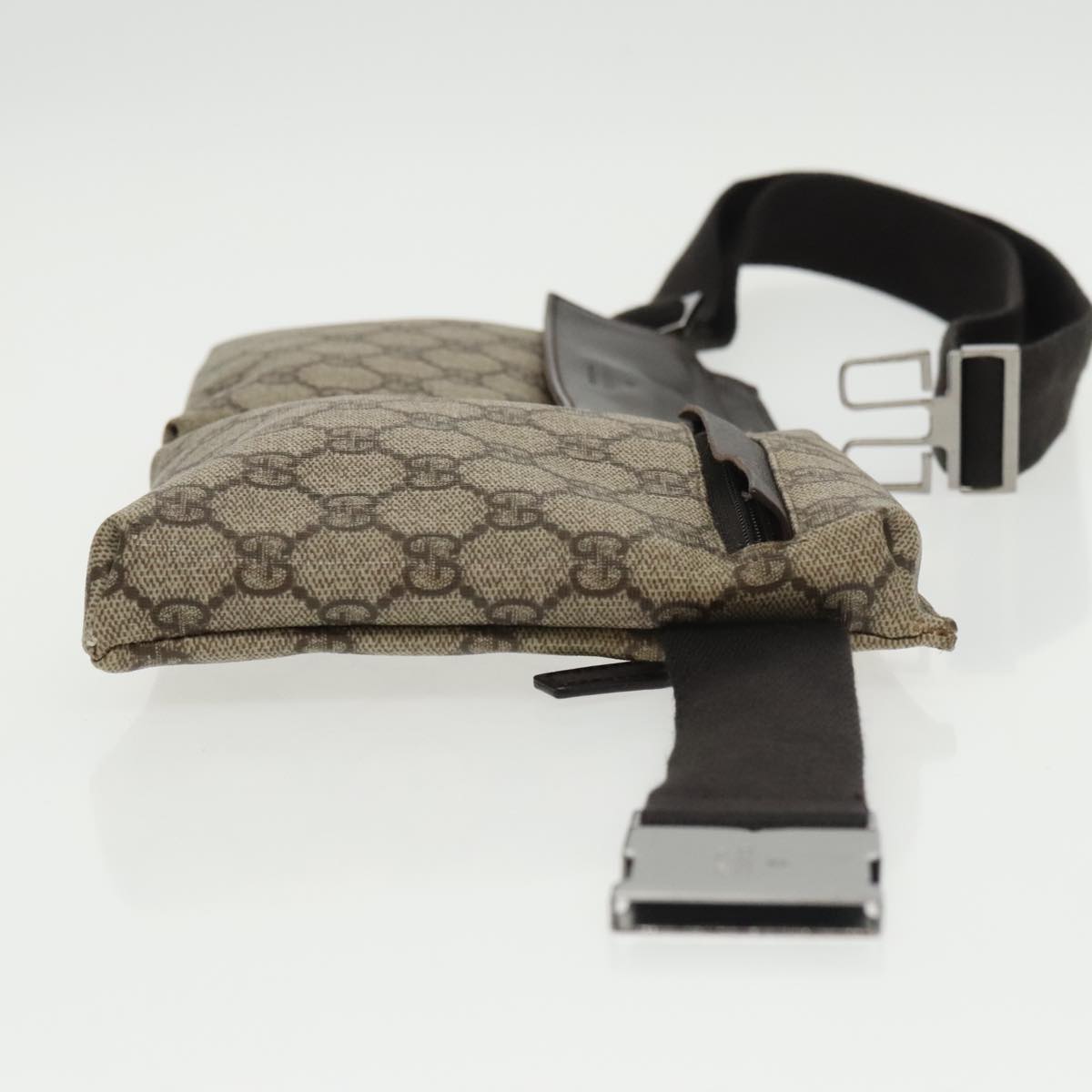 GUCCI GG Supreme Waist Bag PVC Leather Beige Dark Brown Silver 28566 am7267