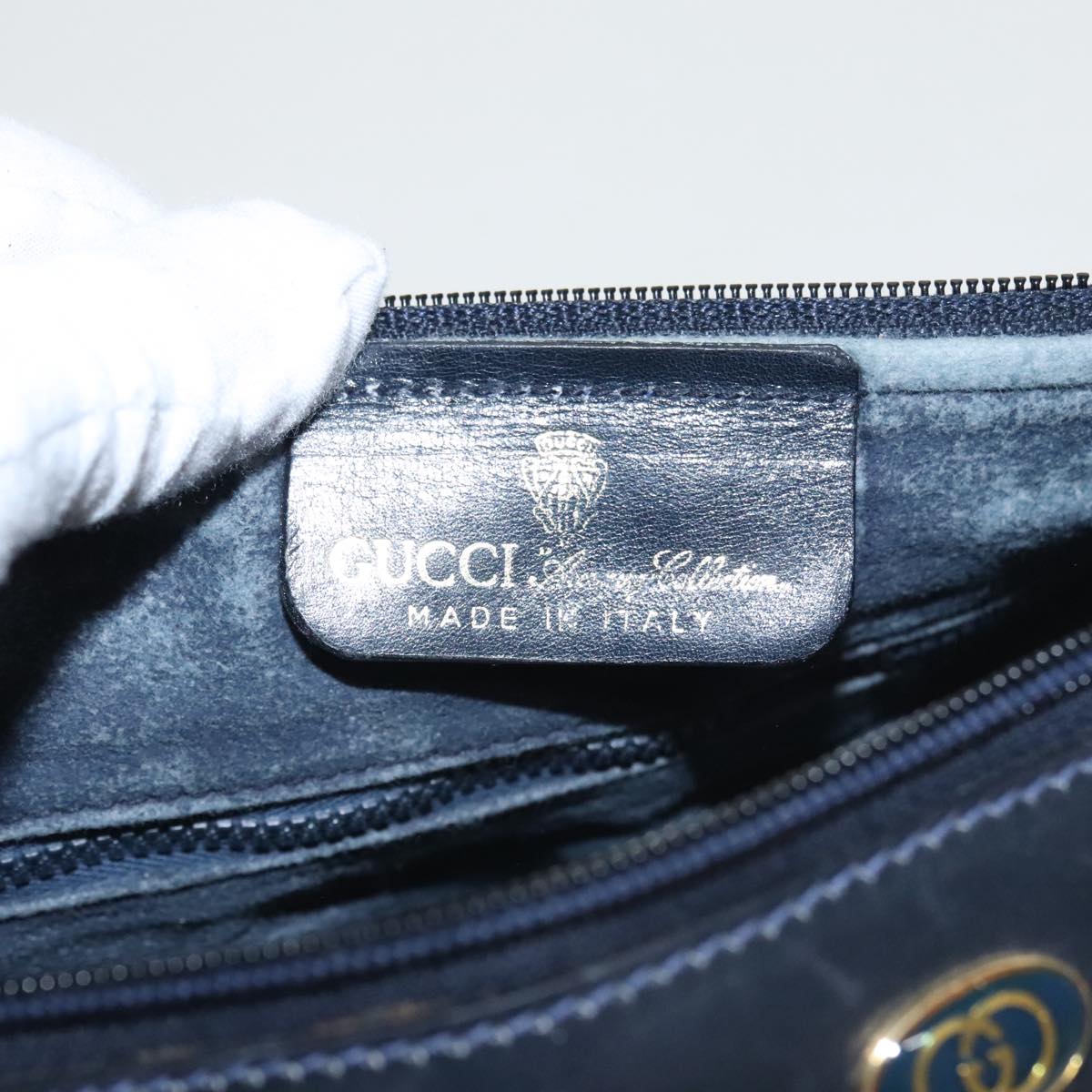 GUCCI GG Supreme Sherry Line Hand Bag PVC Navy Gold 012 3841 58 am7268