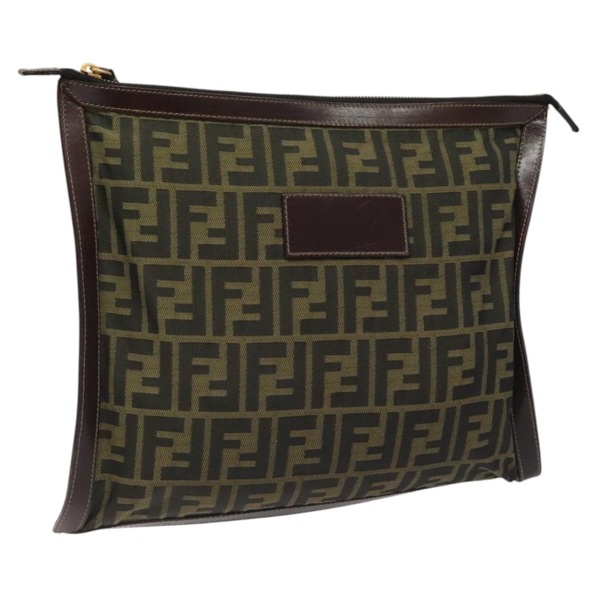 FENDI Zucca Canvas Clutch Bag Brown Black gold am7688