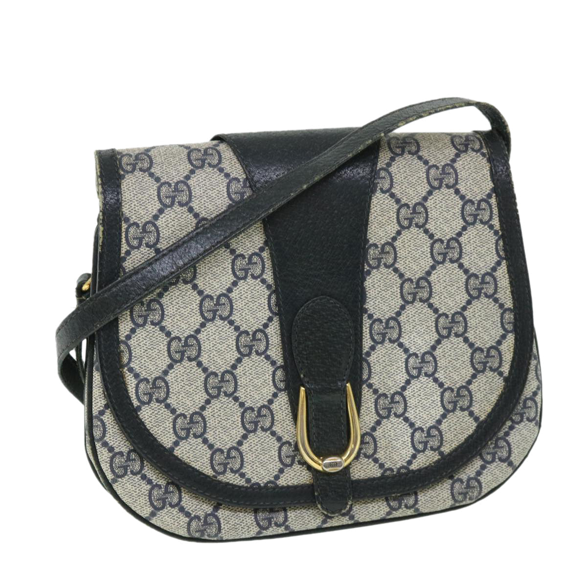 GUCCI GG Canvas Shoulder Bag PVC Leather Gray Navy 10 02 031 ar10216