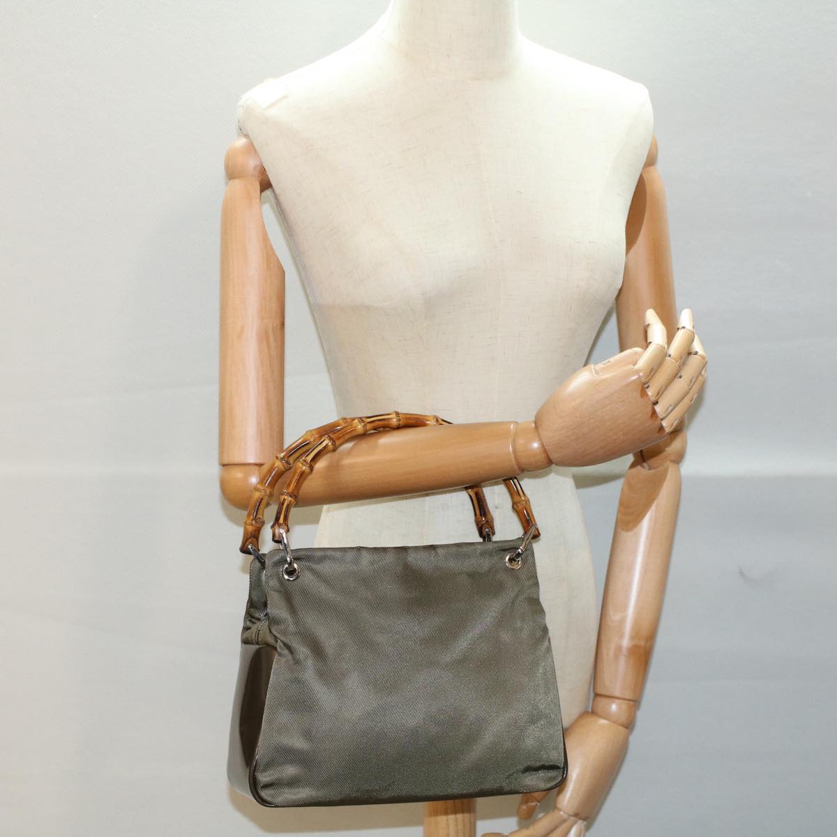 GUCCI Bamboo Hand Bag Nylon Canvas Khaki 000 1014 0575 5 ar10278
