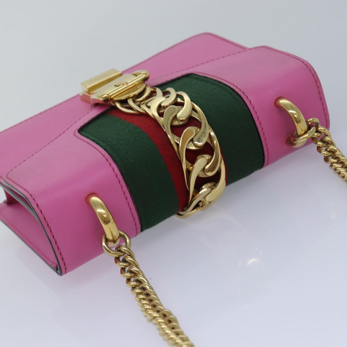 GUCCI Sylvie Web Sherry Line Mini Chain Bag Leather Pink 431666 ar12089