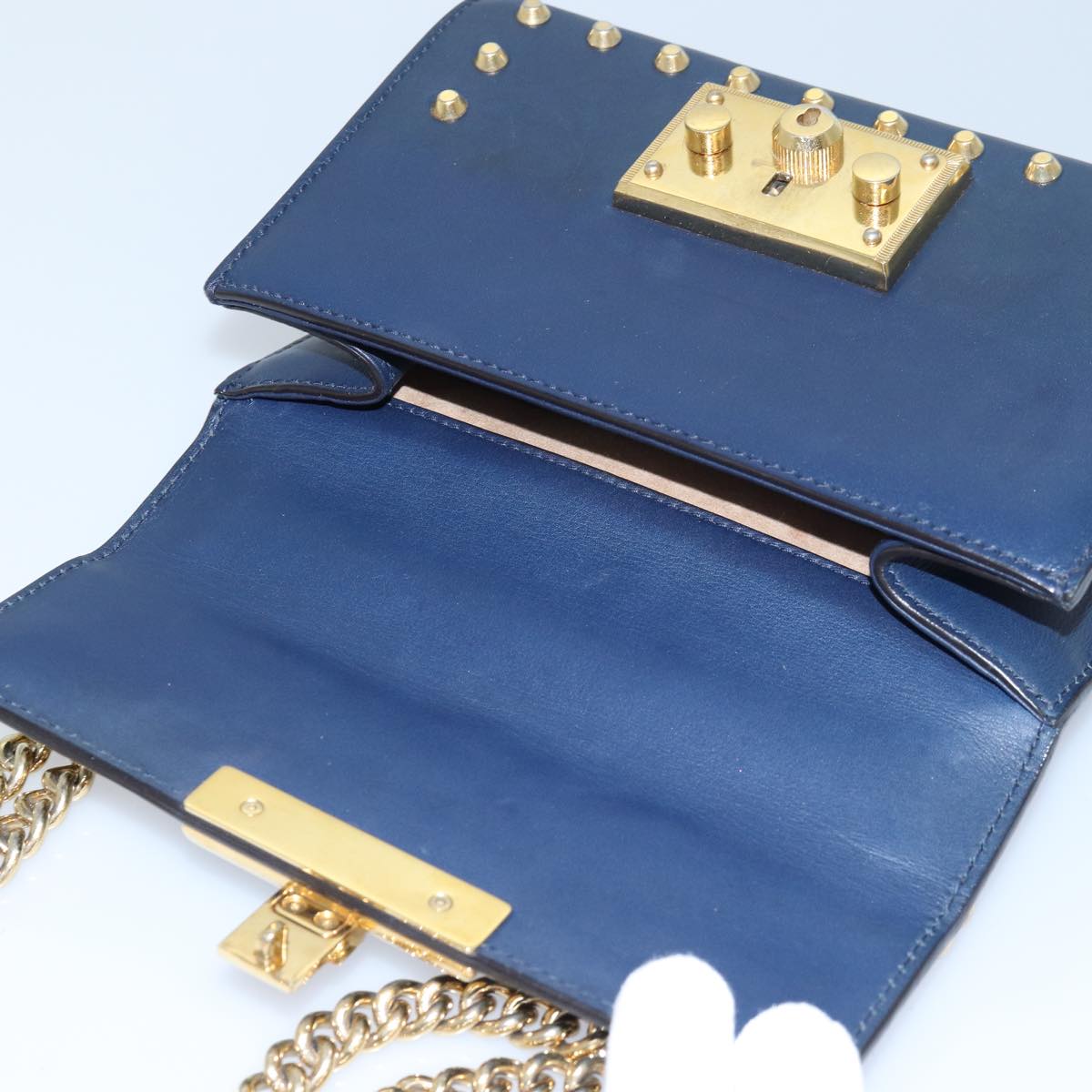 GUCCI Pad Lock Chain Shoulder Bag Leather Navy 432182 ar12096