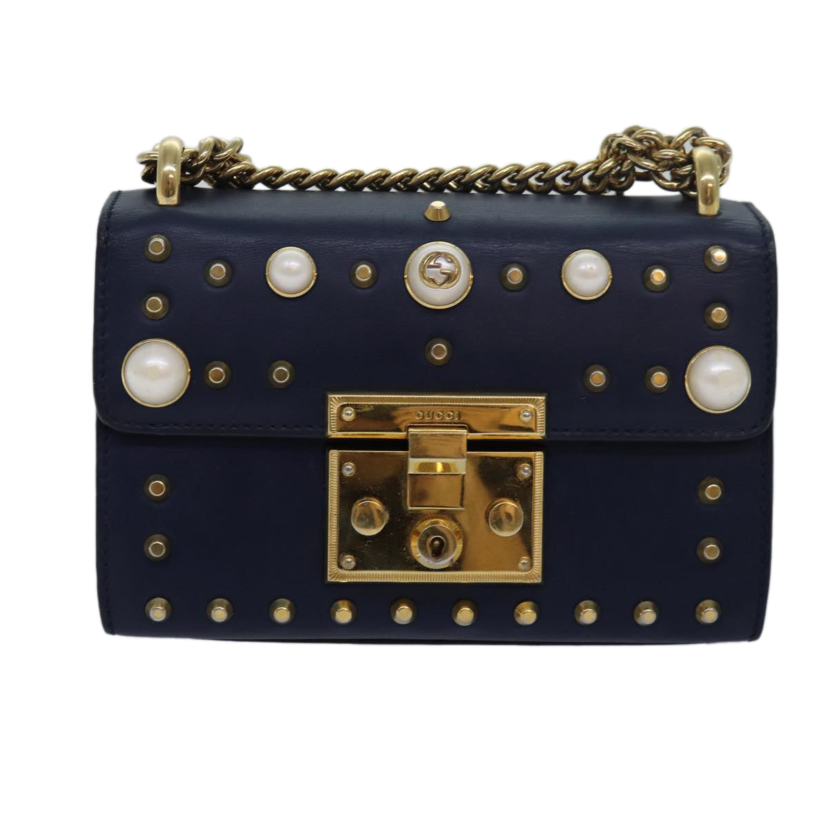 GUCCI Pad Lock Chain Shoulder Bag Leather Navy 432182 ar12096