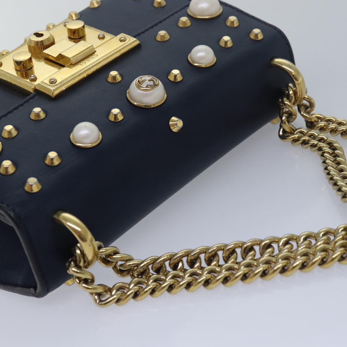 GUCCI Pad Lock Chain Shoulder Bag Leather Navy 432182 ar12096