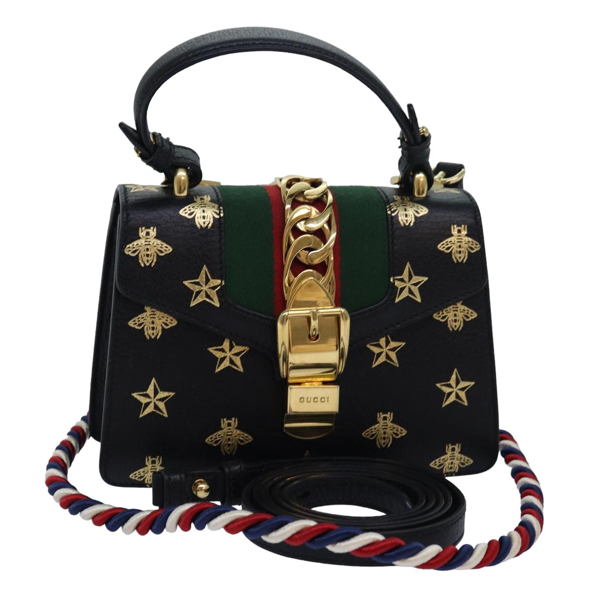 GUCCI Web Sherry Line Silvi Hand Bag Leather Black Red Green 470270 ar12097