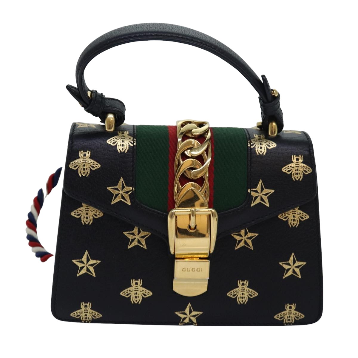 GUCCI Web Sherry Line Silvi Hand Bag Leather Black Red Green 470270 ar12097