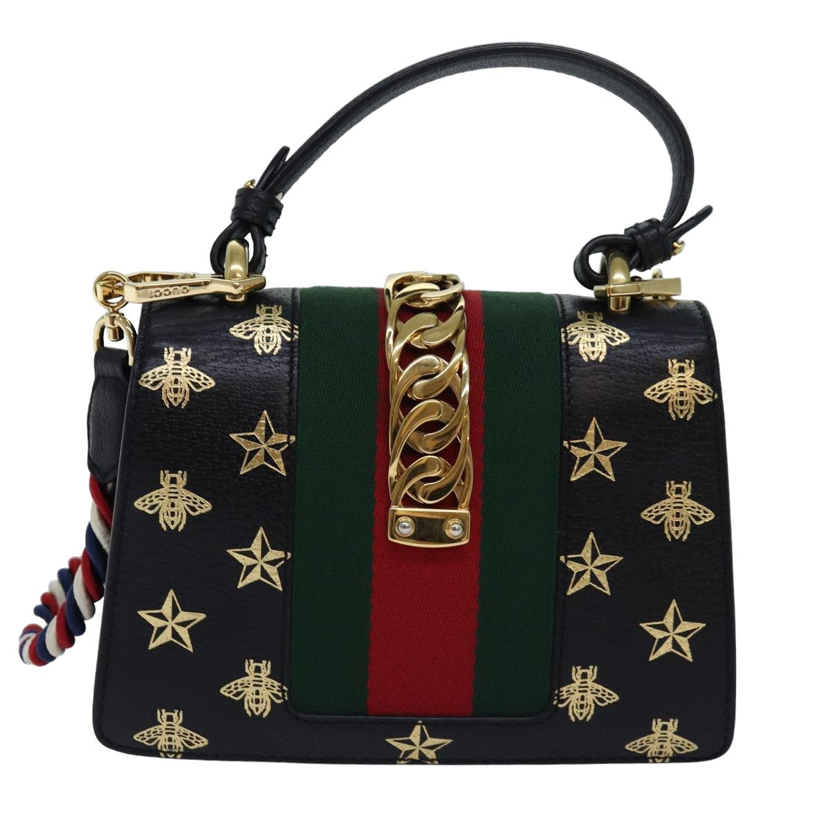 GUCCI Web Sherry Line Silvi Hand Bag Leather Black Red Green 470270 ar12097