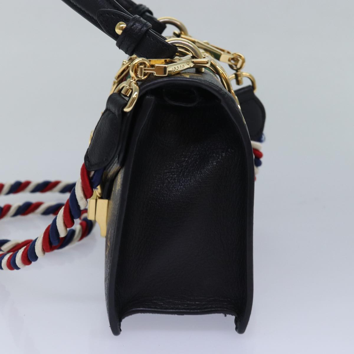 GUCCI Web Sherry Line Silvi Hand Bag Leather Black Red Green 470270 ar12097
