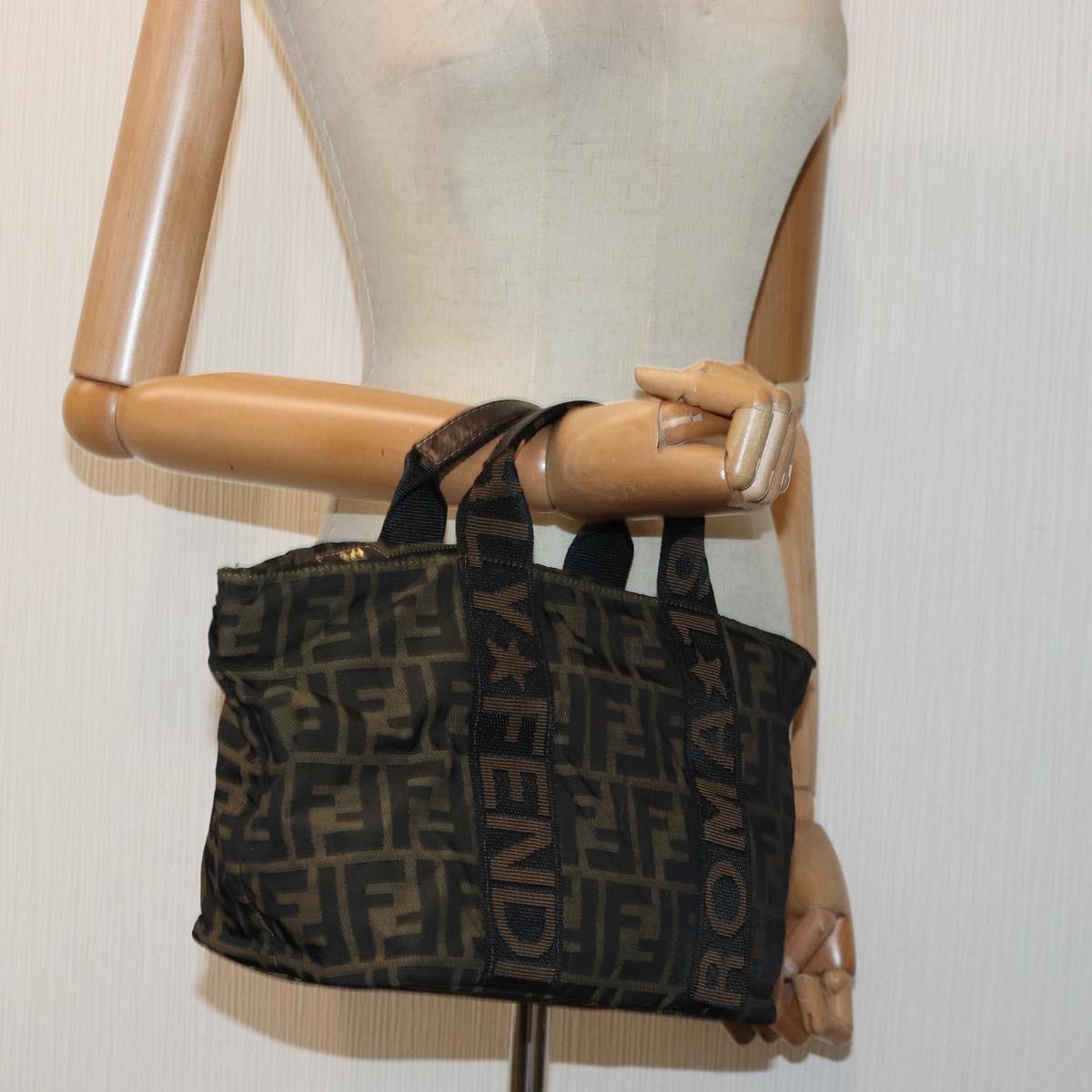FENDI Zucca Canvas Hand Bag Brown Black ar12317