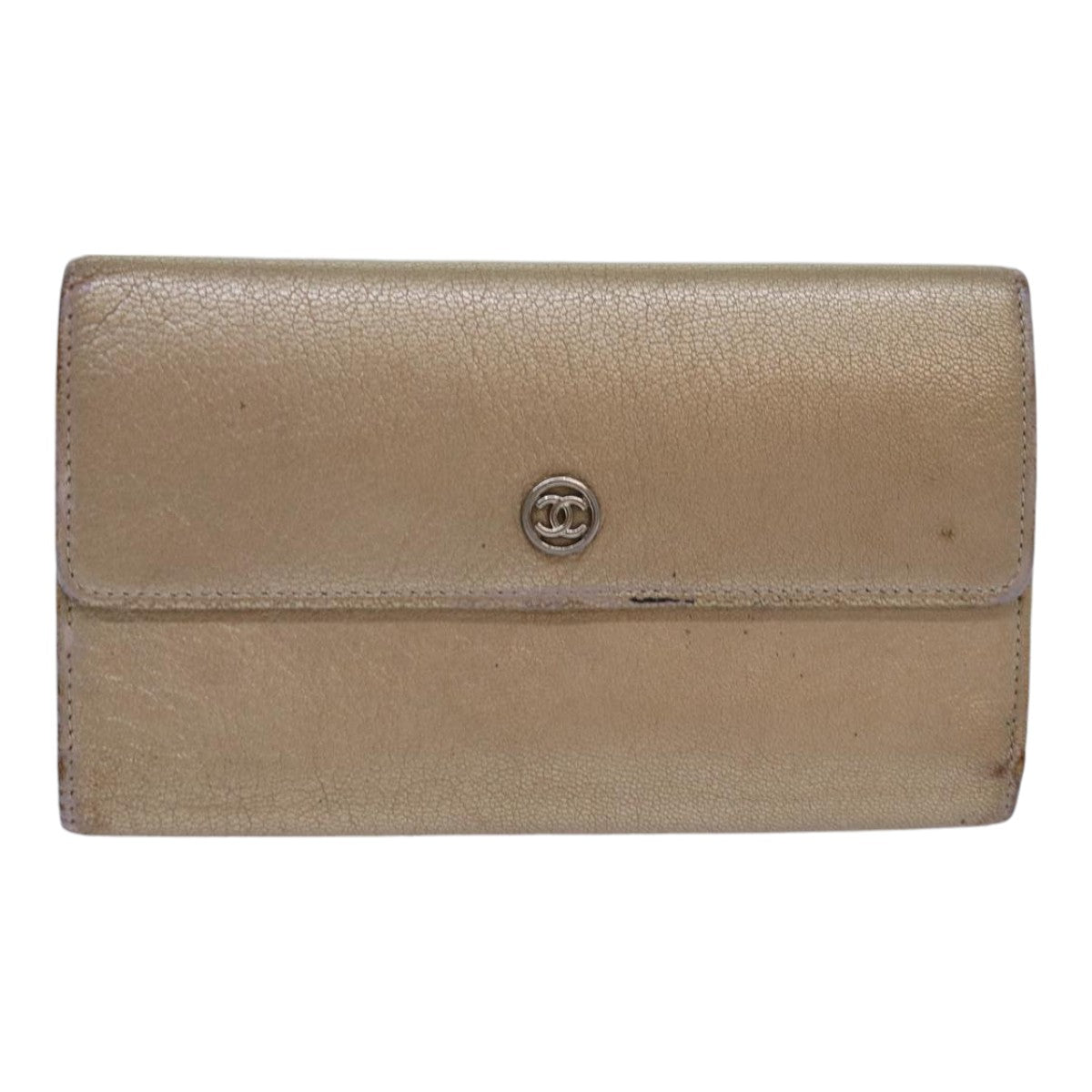 CHANEL COCO Mark Wallet Leather Beige Silver CC ar12390