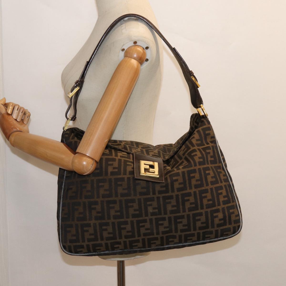 FENDI Zucca Canvas Shoulder Bag Brown Black gold ar12413