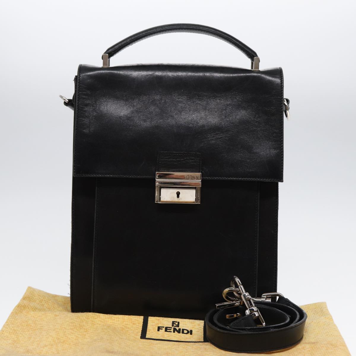 FENDI Hand Bag Leather 2way Black Silver ar12462