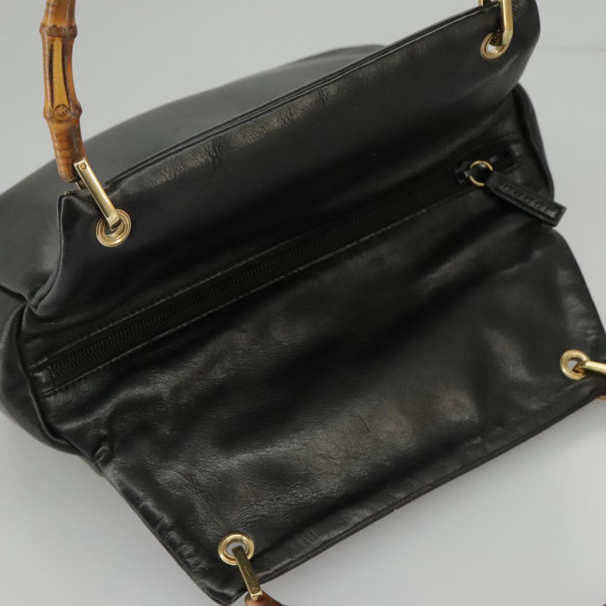 GUCCI Bamboo Hand Bag Leather Black Gold 000 3444 0580 ar12724