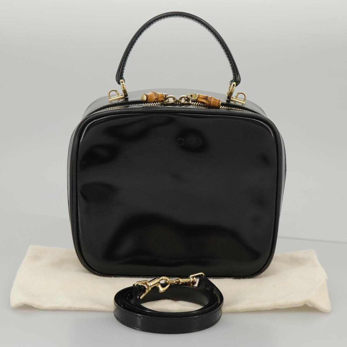 GUCCI Bamboo Vanity Hand Bag Patent 2way Black 000 3270 0323 ar12726