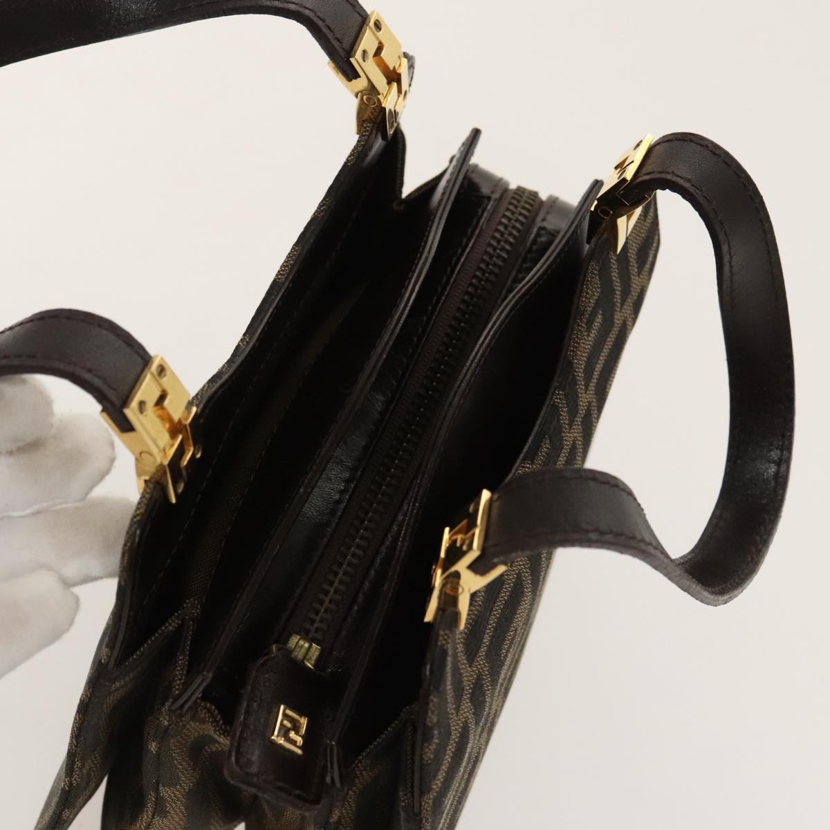 FENDI Zucca Canvas Hand Bag Brown Black gold ar12735