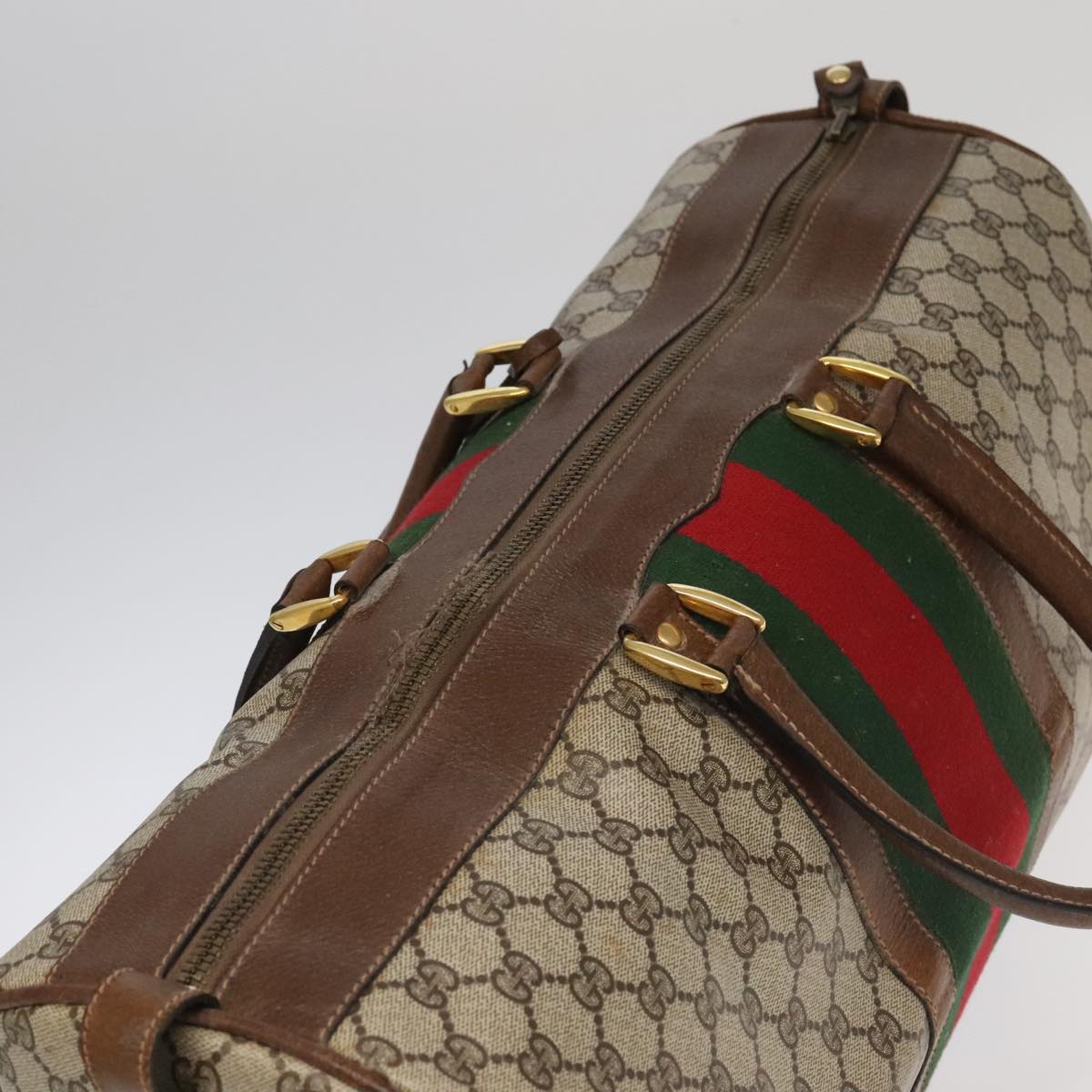 GUCCI GG Supreme Web Sherry Line Boston Bag PVC Beige Green Red ar12835