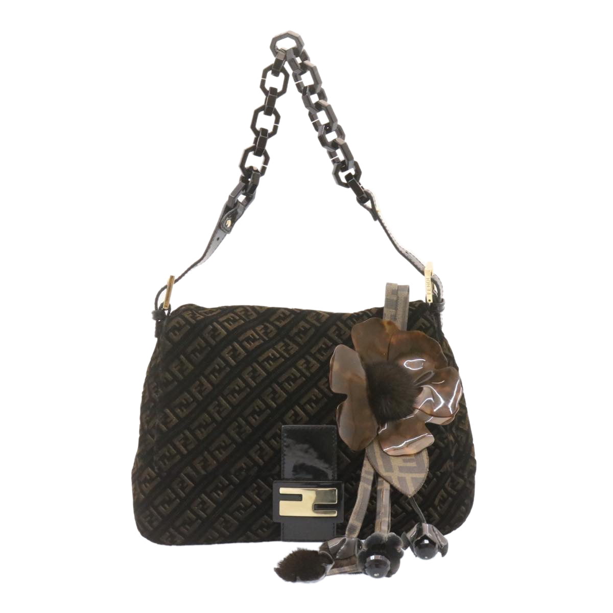 FENDI Zucca Flower Mamma Baguette Shoulder Bag Velor Brown Black ar4590