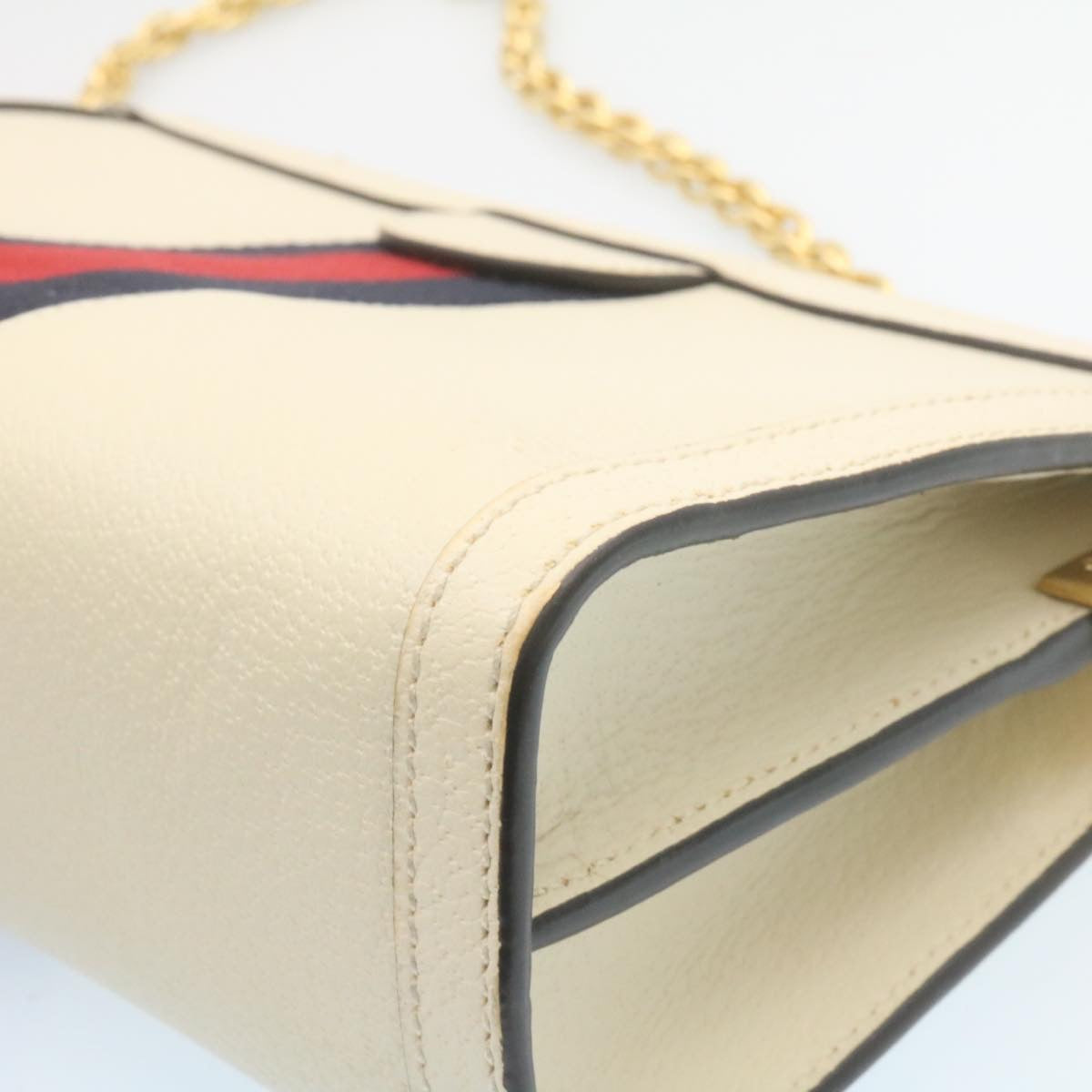 GUCCI Sherry Line Chain Shoulder Bag Leather White Red Navy ar5967