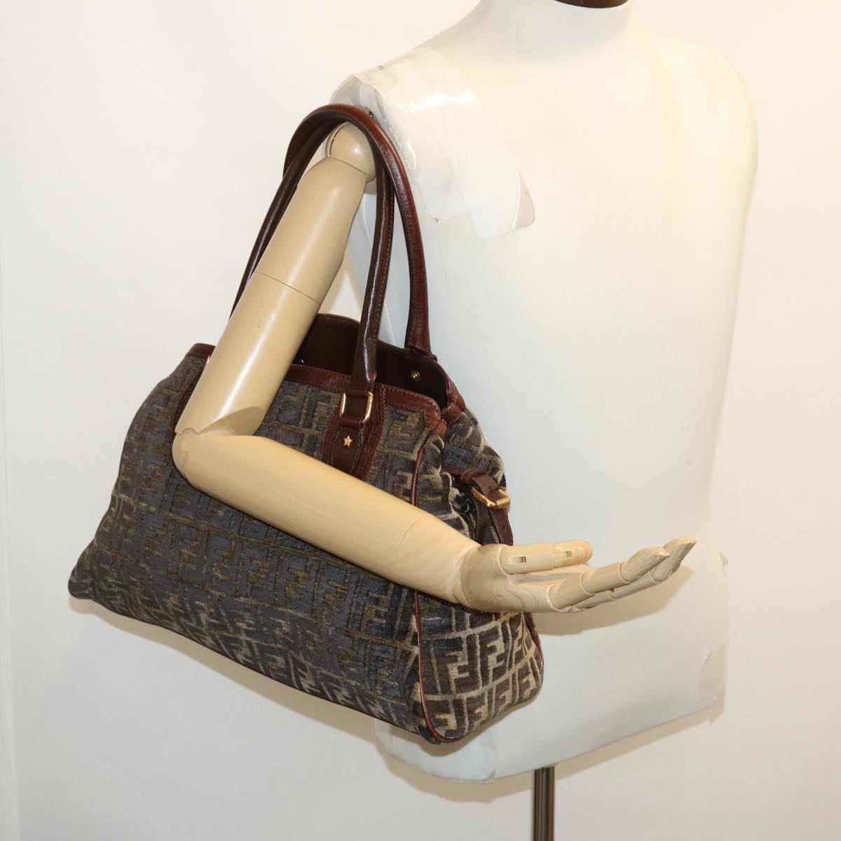 FENDI Zucca Canvas Tote Bag Velor Brown Black ar6954