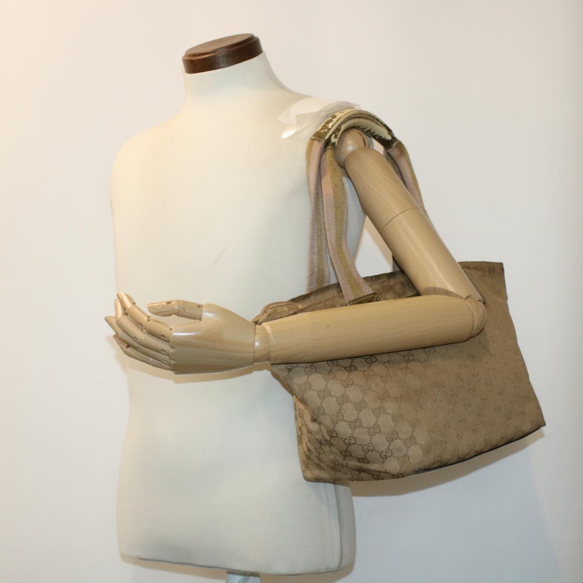GUCCI GG Canvas Sherry Line Tote Bag Beige Green Pink 131230 ar9406