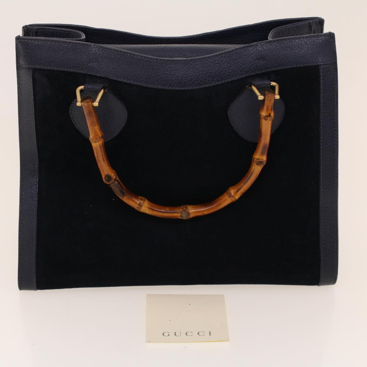 GUCCI Bamboo Hand Bag Suede Navy Brown ar9457