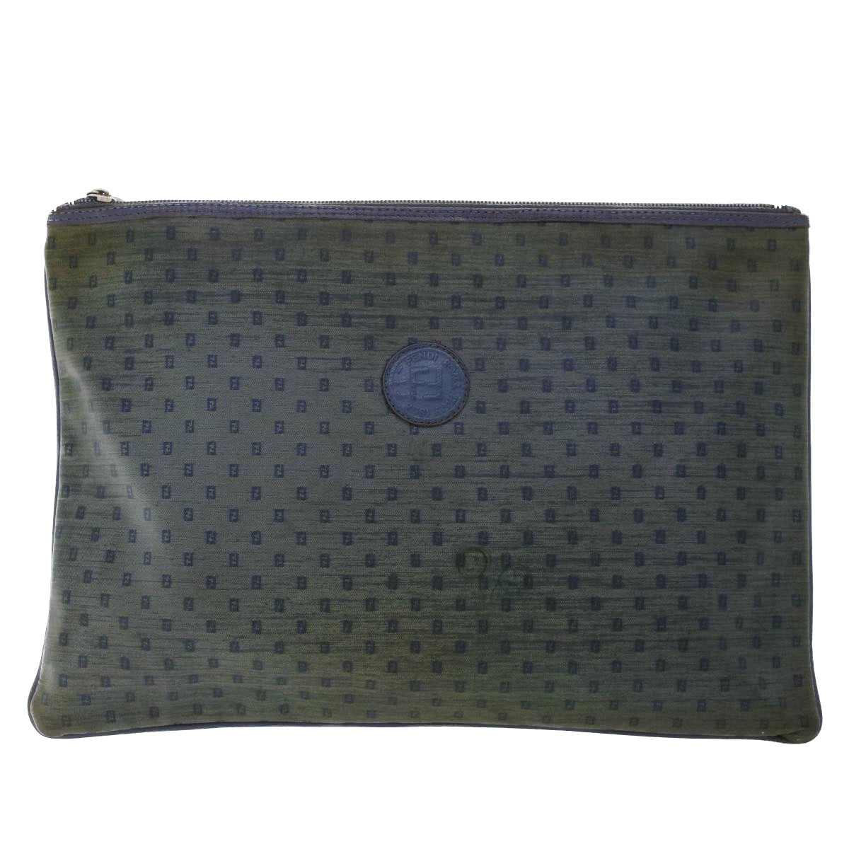 FENDI Zucchino Pequin Canvas Clutch Bag PVC Leather 3Set Blue Brown ar9837