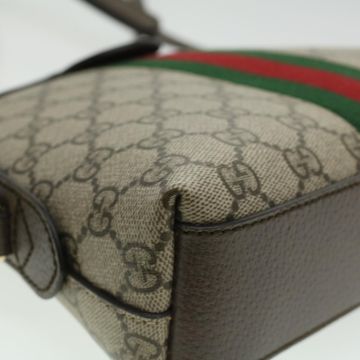 GUCCI GG Supreme Web Sherry Line Shoulder Bag PVC Leather Beige Green B002A