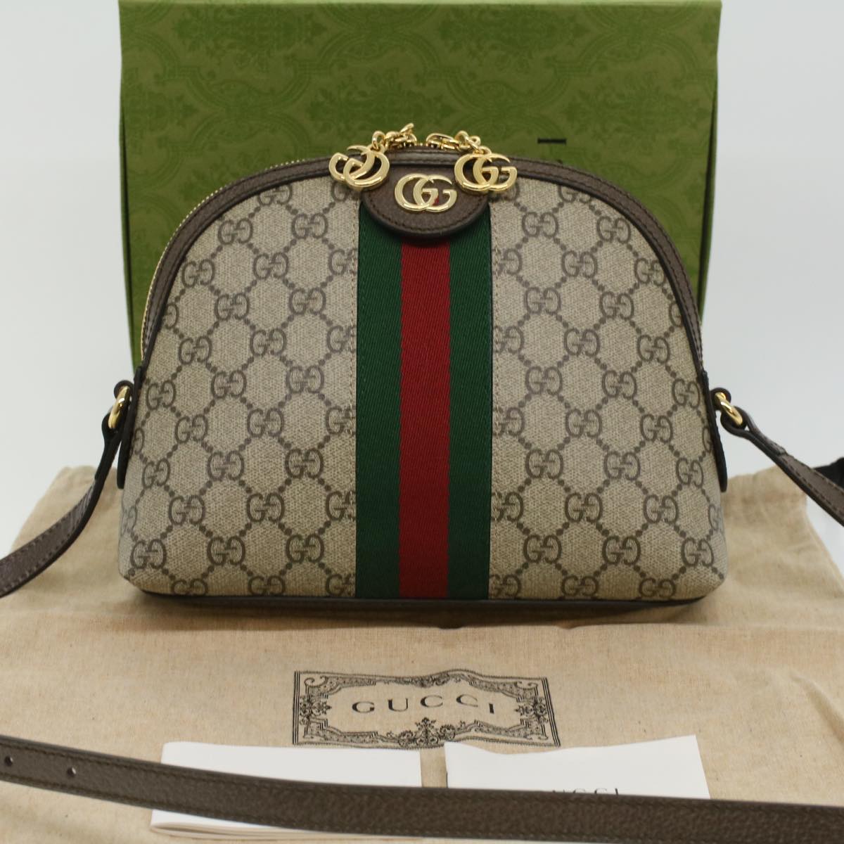 GUCCI GG Supreme Web Sherry Line Shoulder Bag PVC Leather Beige Green B002A