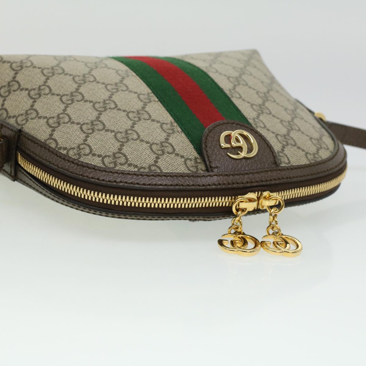 GUCCI GG Supreme Web Sherry Line Shoulder Bag PVC Leather Beige Green B002A
