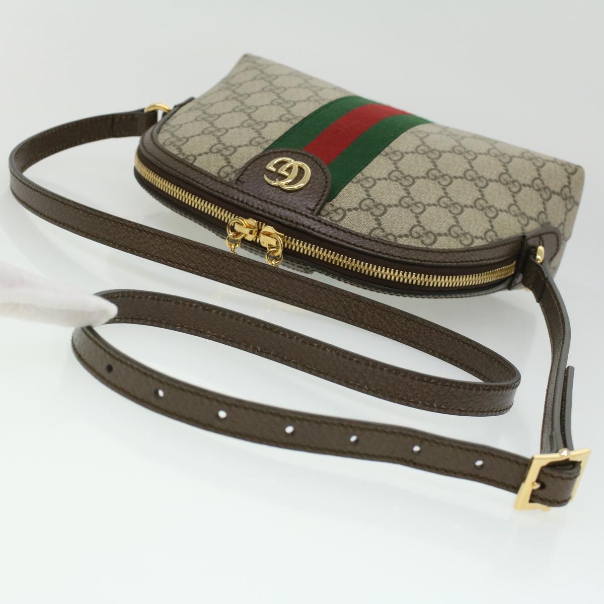 GUCCI GG Supreme Web Sherry Line Shoulder Bag PVC Leather Beige Green B002A