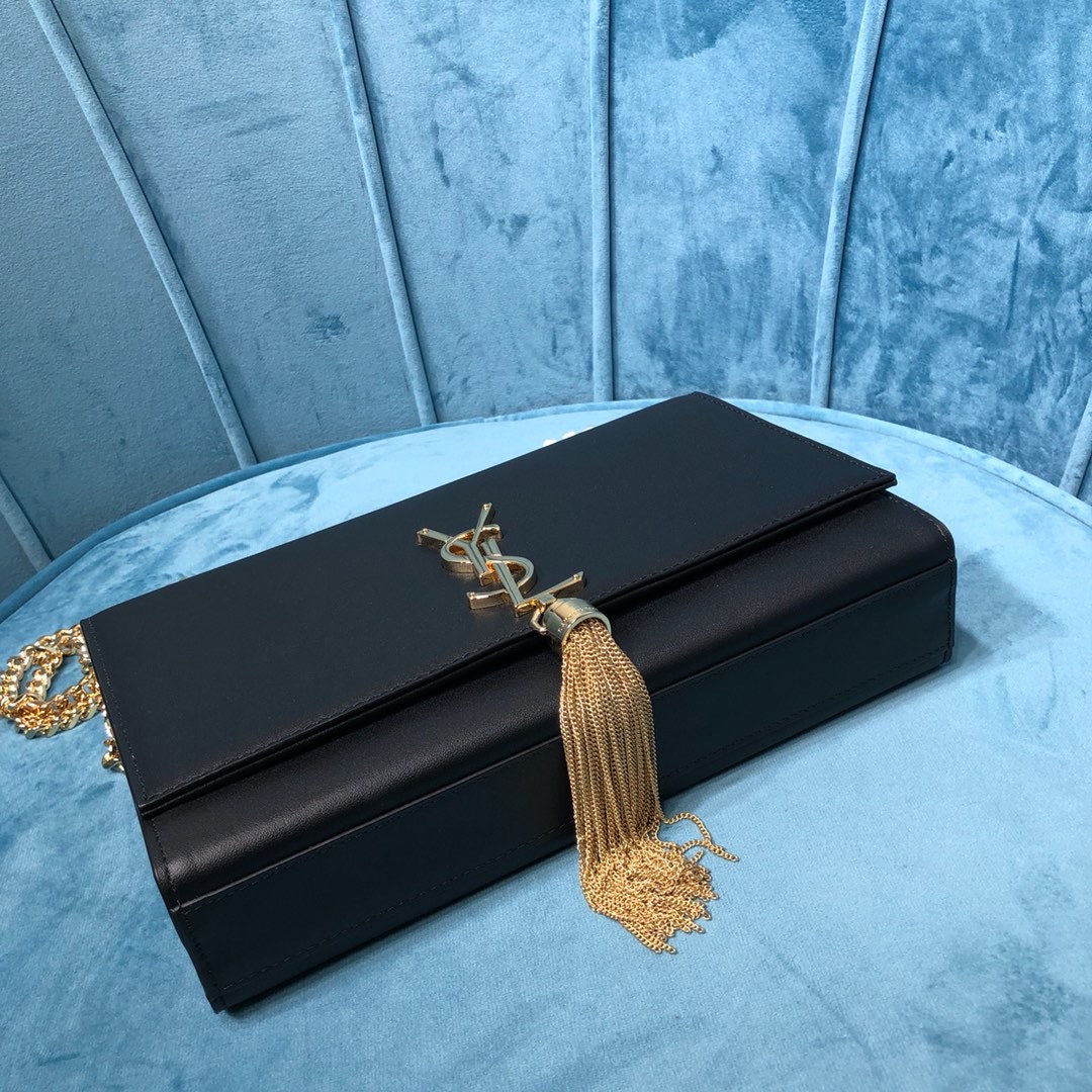 GLAMI Kate MeGLAMIum Chain Bag With Tassel In Grain De Poudre Black For Women 9.4in/24cm YSL 354119BOW0J1000