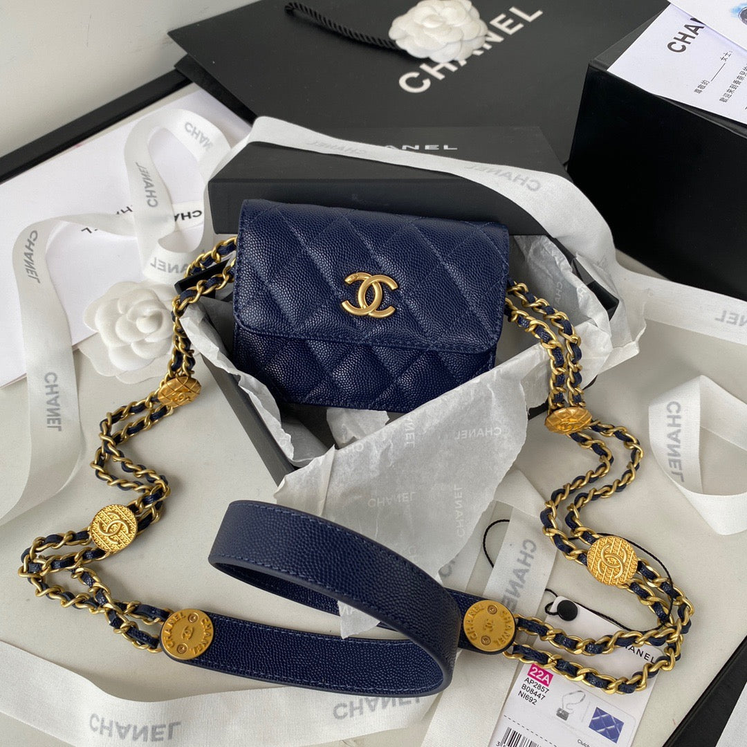 CHL Clutch With Chain Gold Hardware Grained Shinny Navy Blue For Women Handbags, Shoulder Bags 4.7in/12cm AP2857