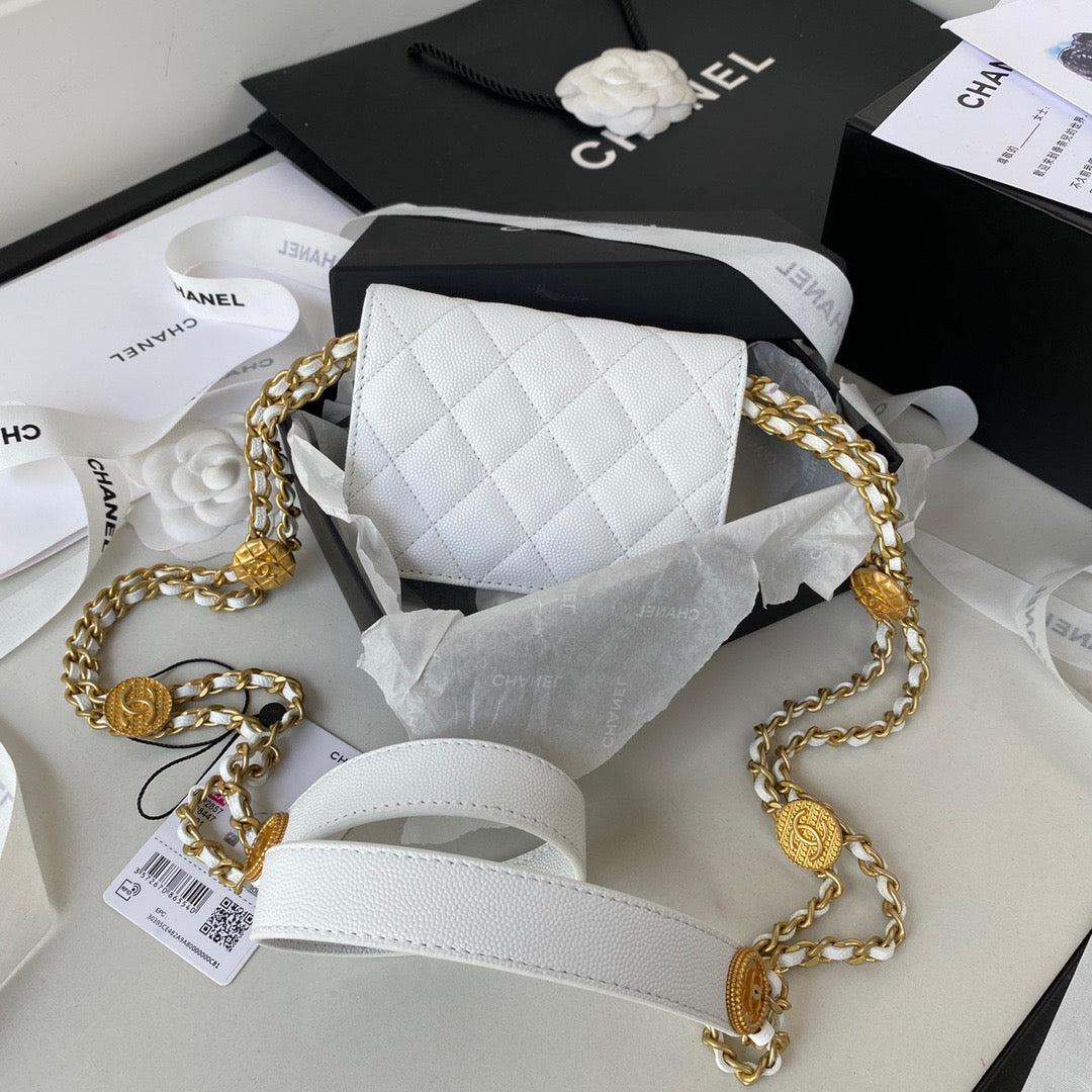 CHL Clutch With Chain Gold Hardware Grained Shinny White For Women Handbags, Shoulder Bags 4.7in/12cm AP2857