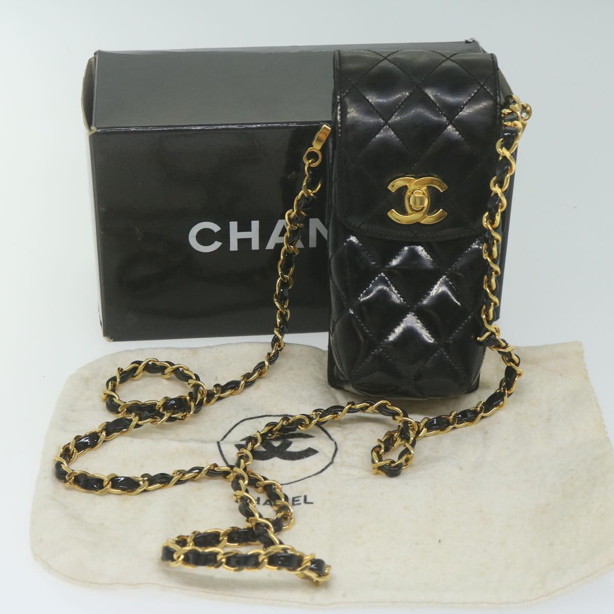 CHANEL Matelasse Chain Shoulder Bag Patent leather Black CC bs11765