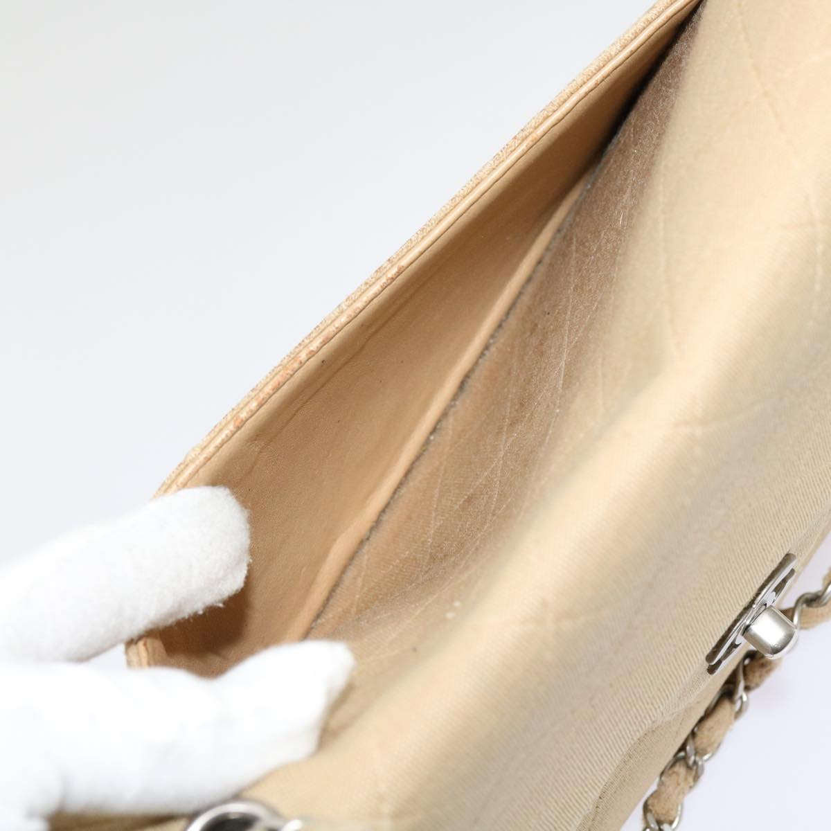 CHANEL Matelasse Chain Turn Lock Shoulder Bag cotton Beige CC bs13037