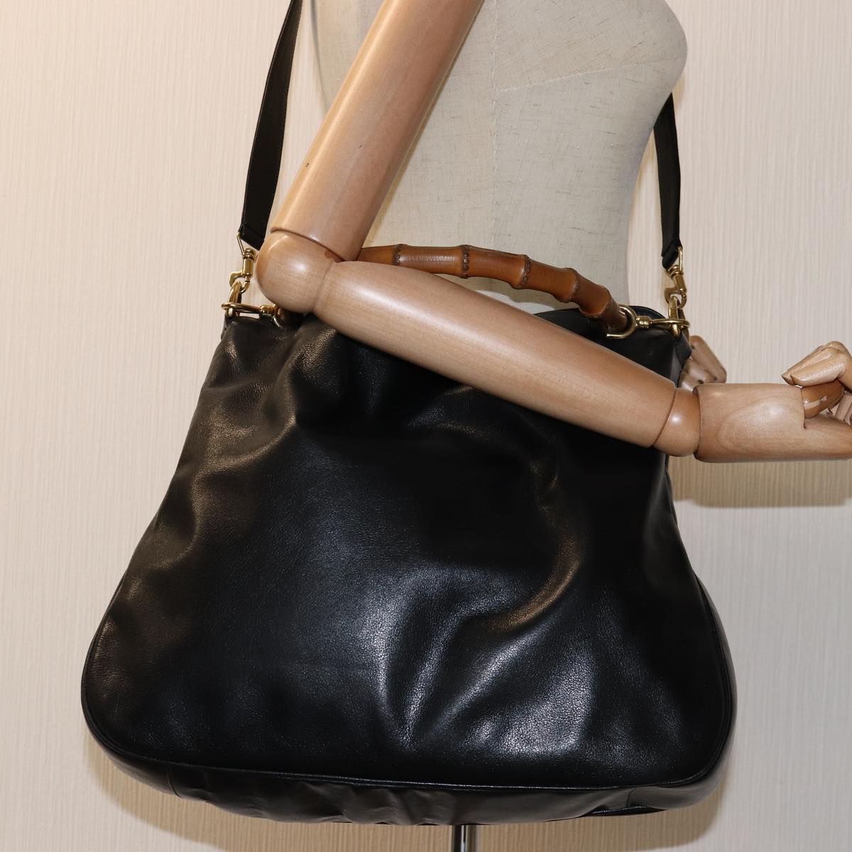 GUCCI Bamboo Hand Bag Leather 2way Black 001 1781 1577 bs13753