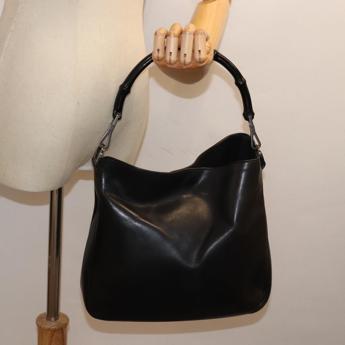 GUCCI Bamboo Hand Bag Leather Black 001 1638 200047 bs13847