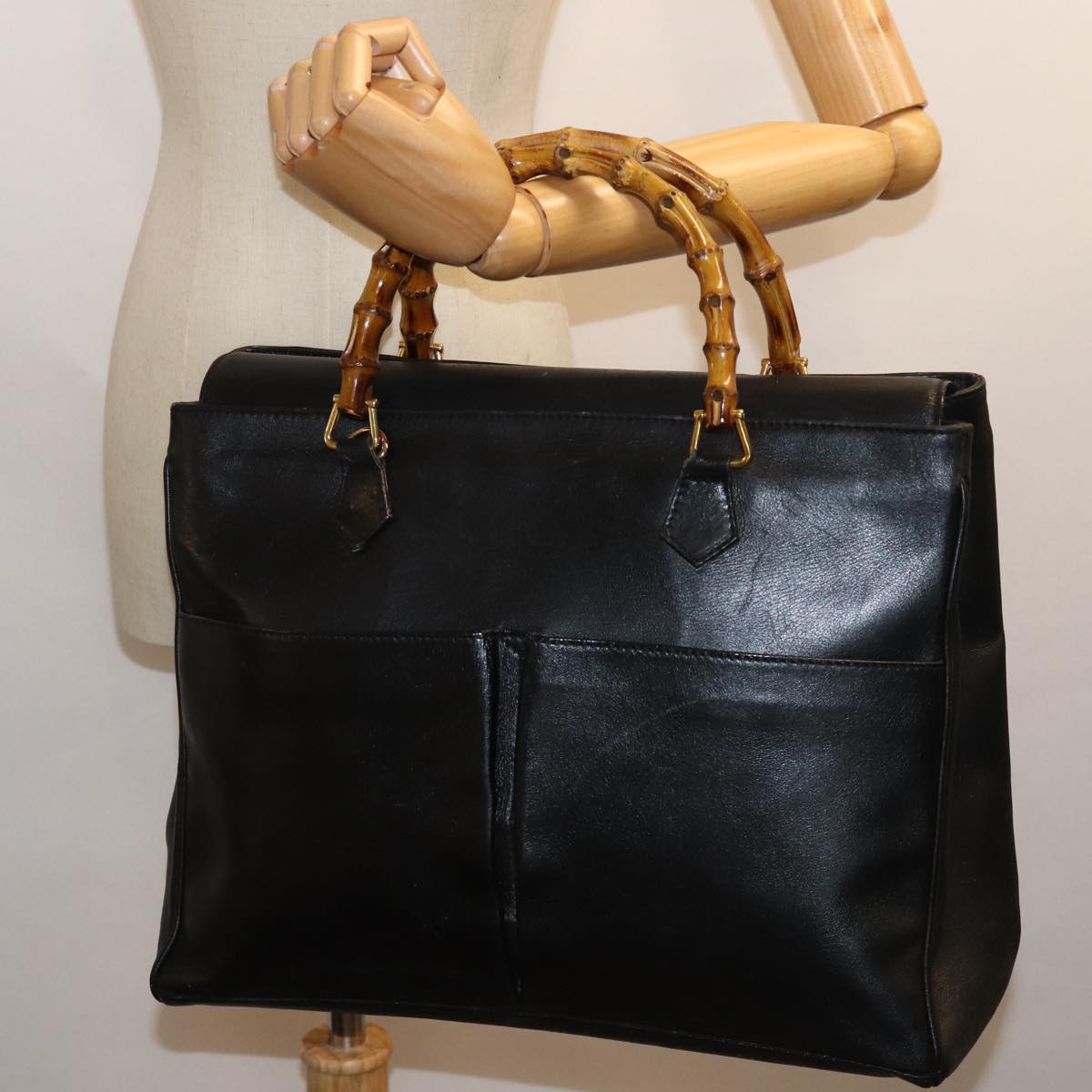 GUCCI Bamboo Hand Bag Leather Black 002 123 0322 bs13848