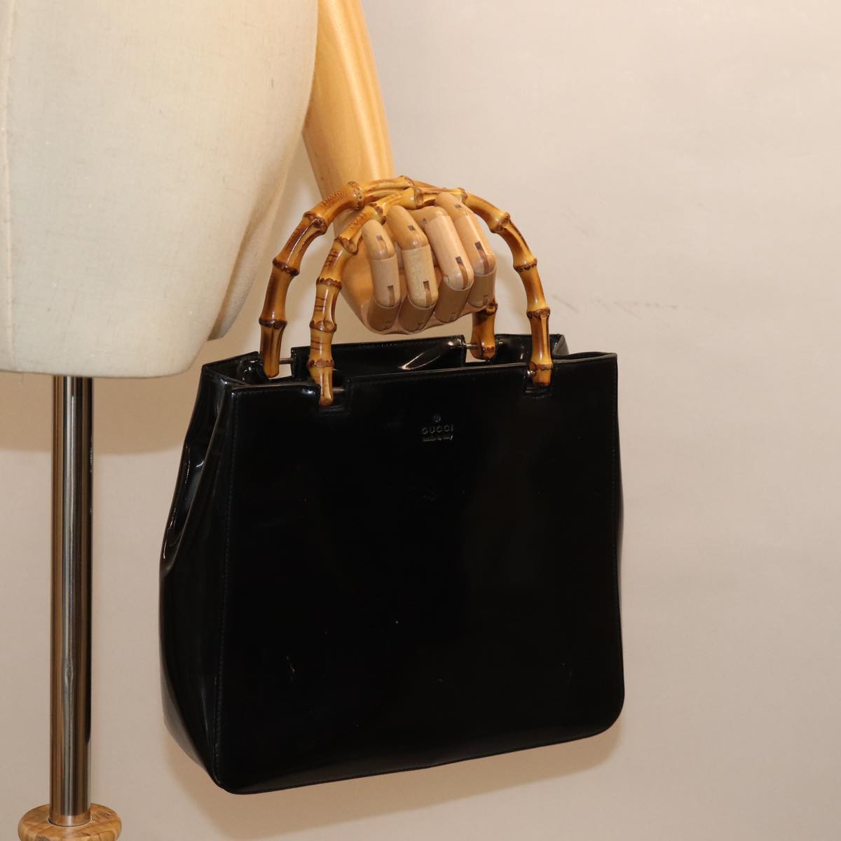 GUCCI Bamboo Hand Bag Enamel Black 93152 bs14450