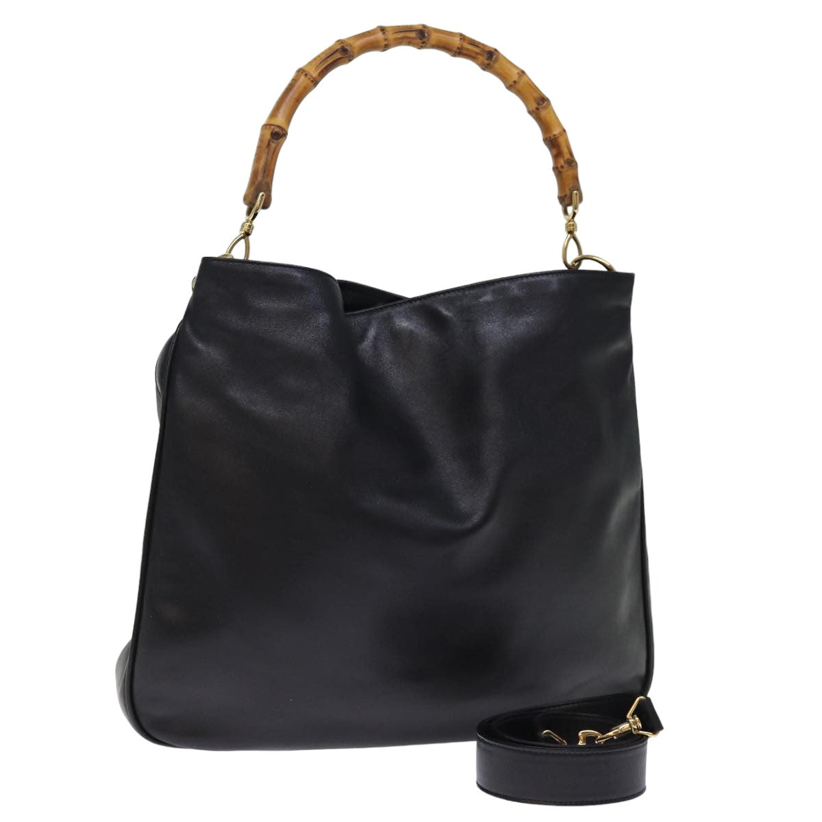 GUCCI Bamboo Hand Bag Leather 2way Black 001 1577 bs14679