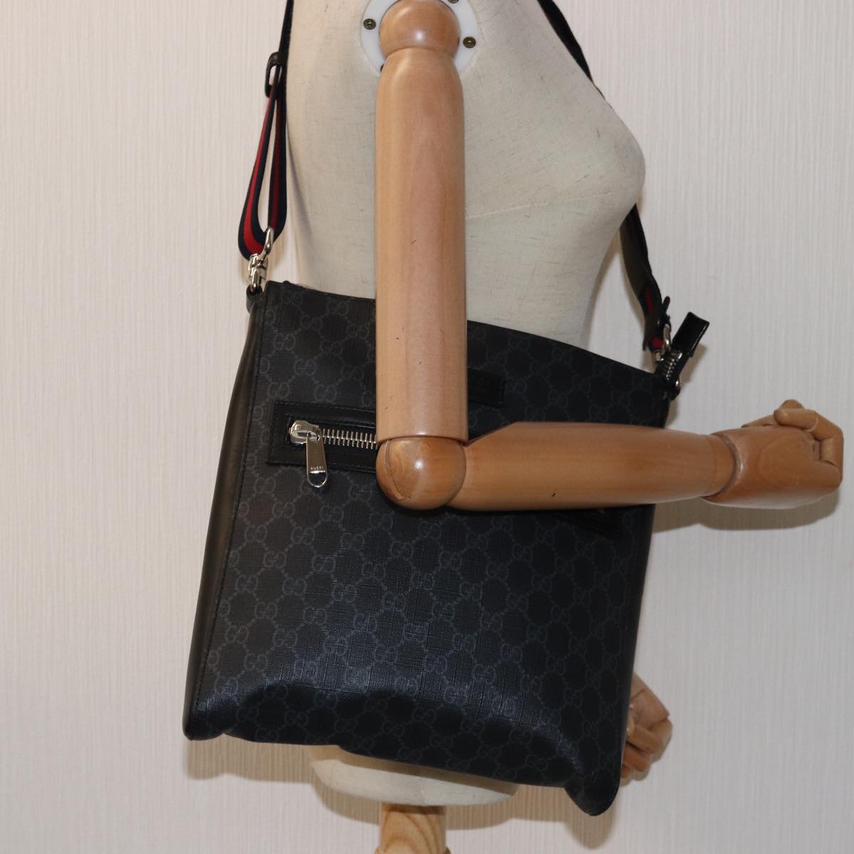 GUCCI GG Supreme Sherry Line Shoulder Bag PVC Navy Red 474137 bs15096
